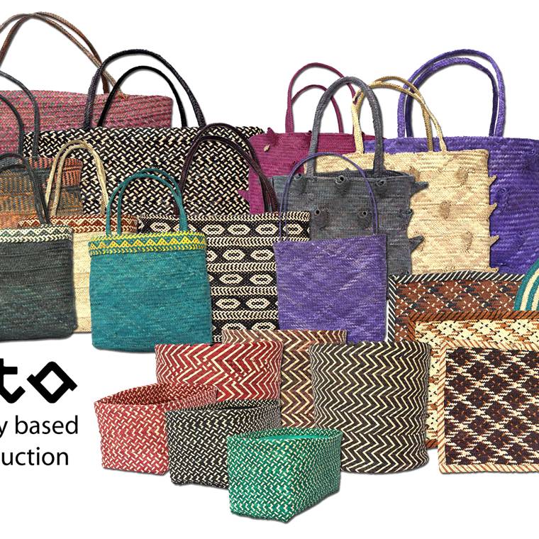 A colourful collection of handwoven palm-leaf baskets and bags by MOTO